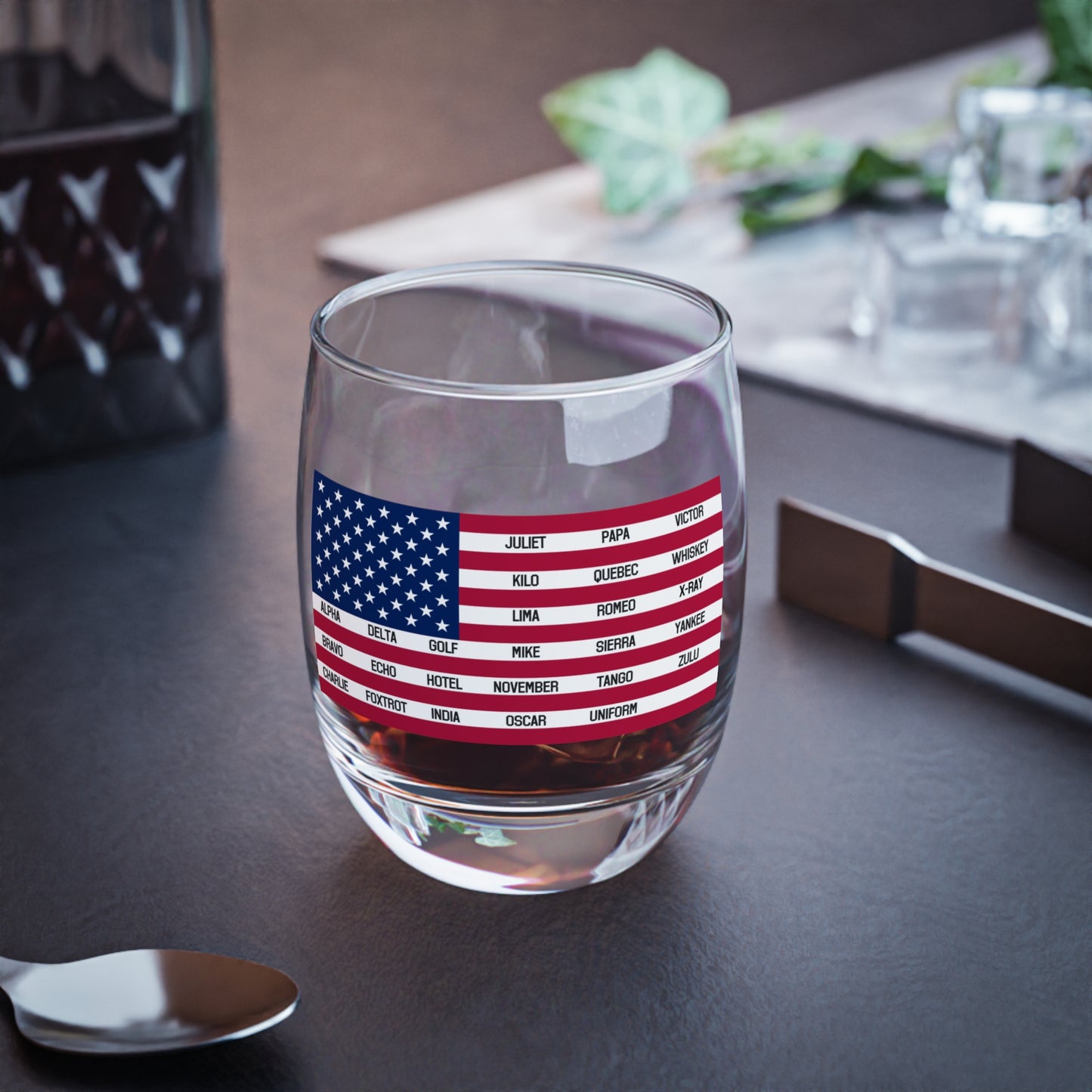 Whiskey Glass, American Flag with Phonetic Alphabet Design