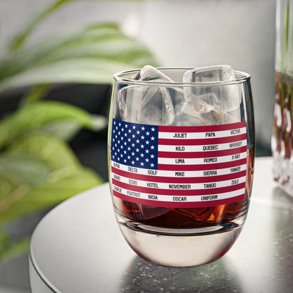 Whiskey Glass, American Flag with Phonetic Alphabet Design