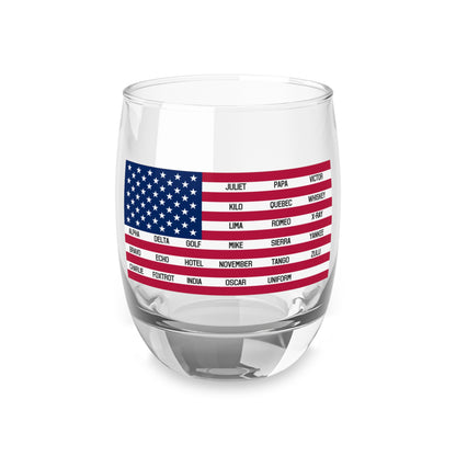 Whiskey Glass, American Flag with Phonetic Alphabet Design